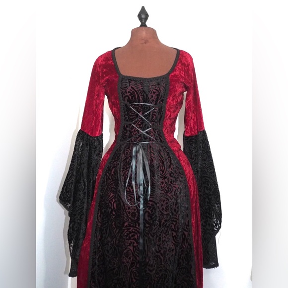 Vintage 1990s Lip Service Black and Red Velvet Vampire Floor-Length Dress - Picture 1 of 5